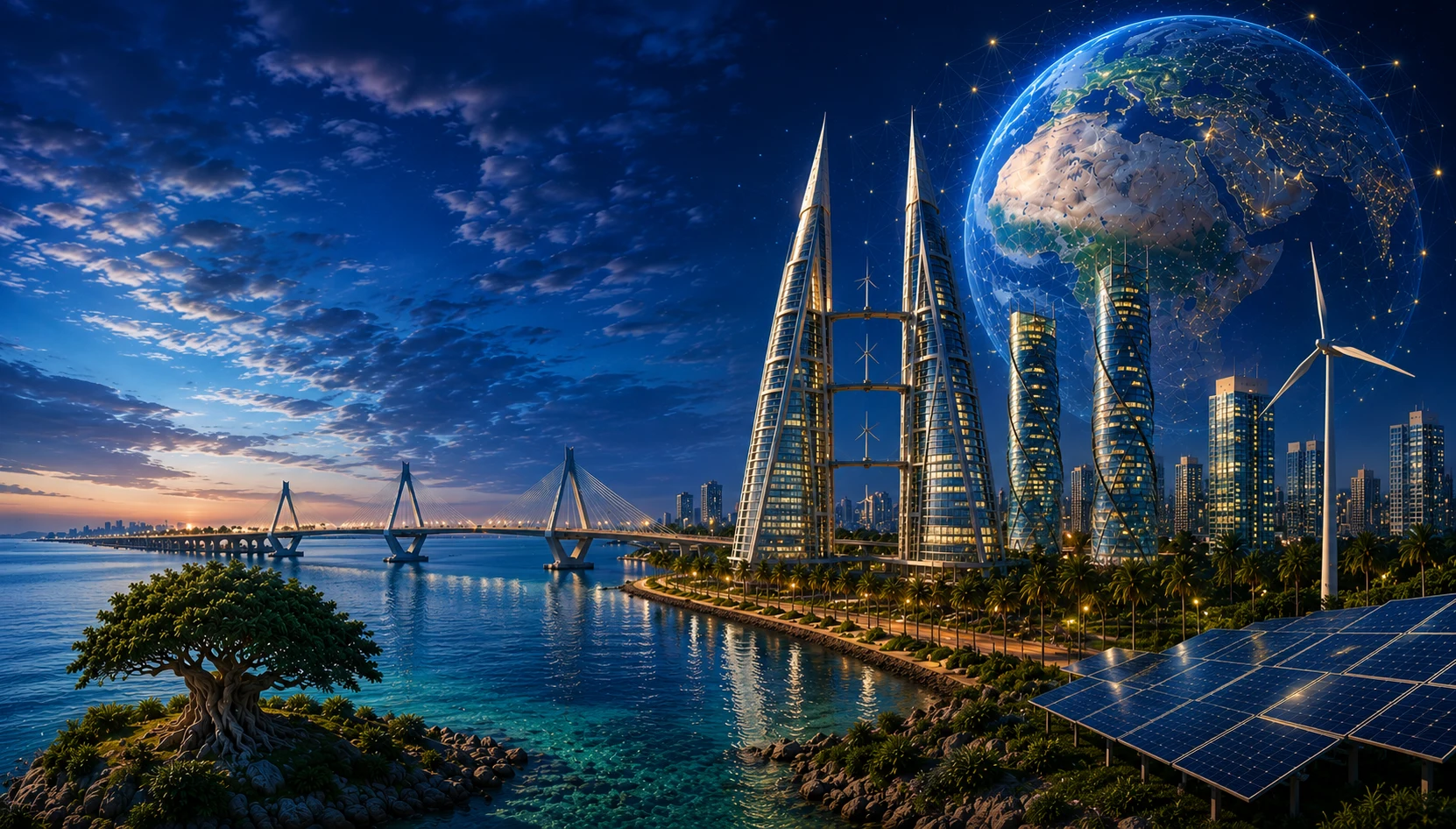 Connected sustainable city, clean energy and digital globe